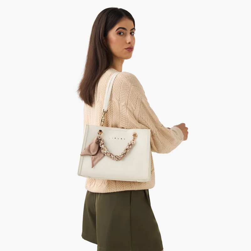Sisley Sisley-Tote bag W/Textured PU w/scarf chained detailing-Beige-Q2-AW25